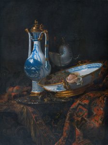 Stilleven met een aquamanile, fruit en een nautilusbeker door Willem Kalf
